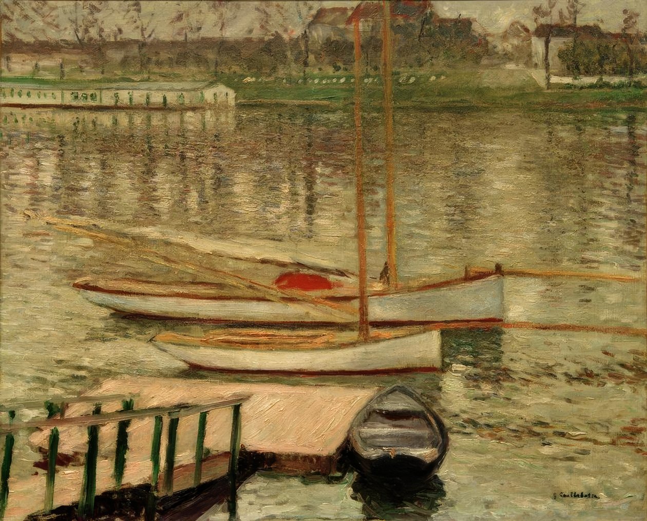 Zeilboten voor anker op de Seine door Gustave Caillebotte