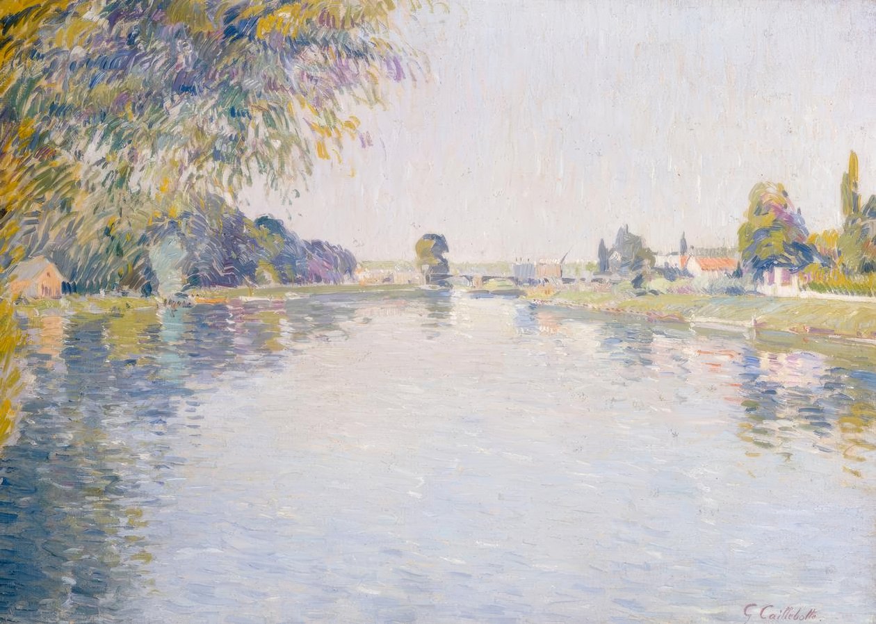 Uitzicht op de Seine en de oever van Argenteuil, richting de brug door Gustave Caillebotte
