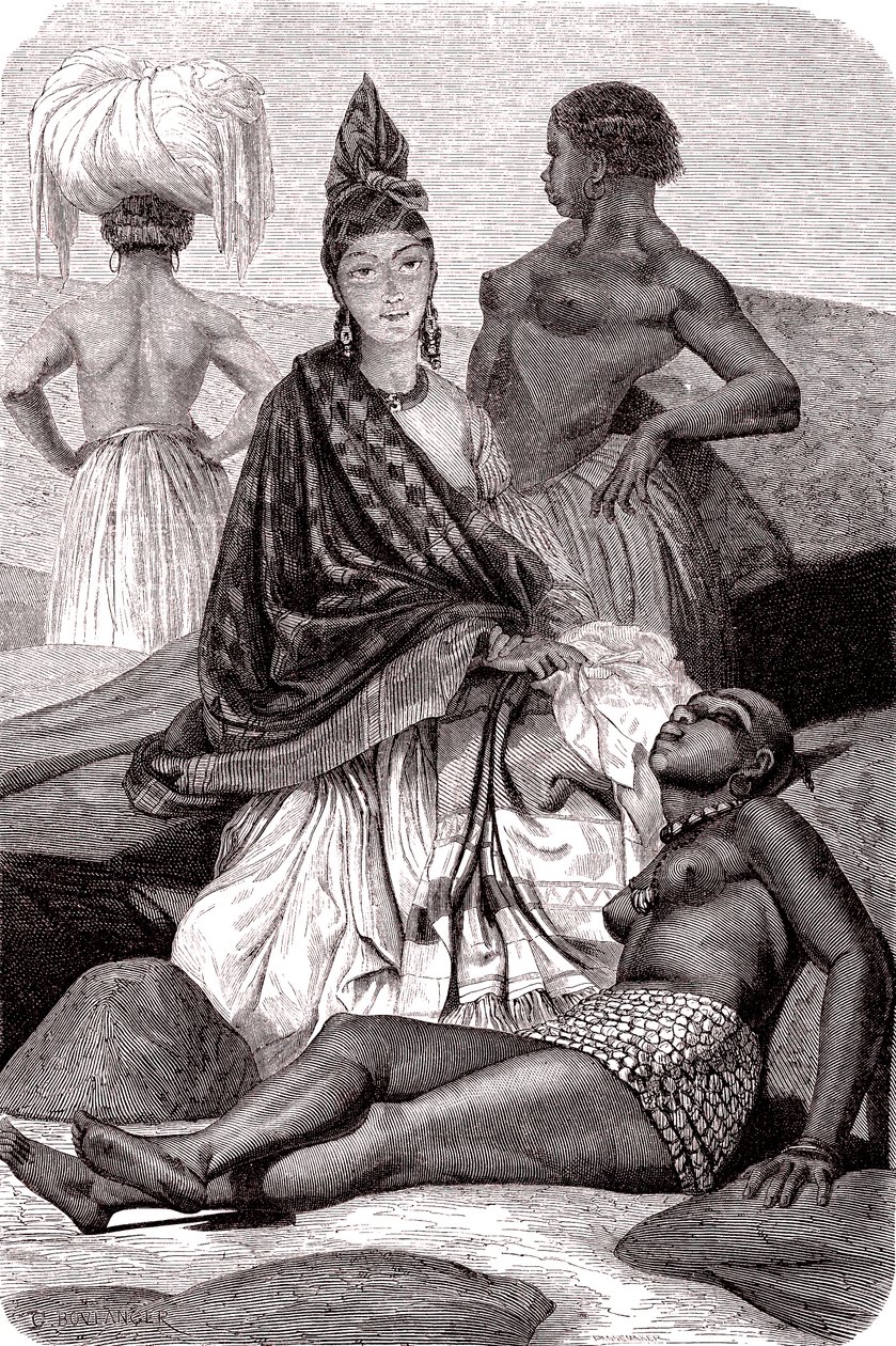 Signare, de mulat-franse Afrikaanse vrouwen op het eiland Gorée, Senegal. 1861 (gravure) door Gustave Clarence Rodolphe Boulanger