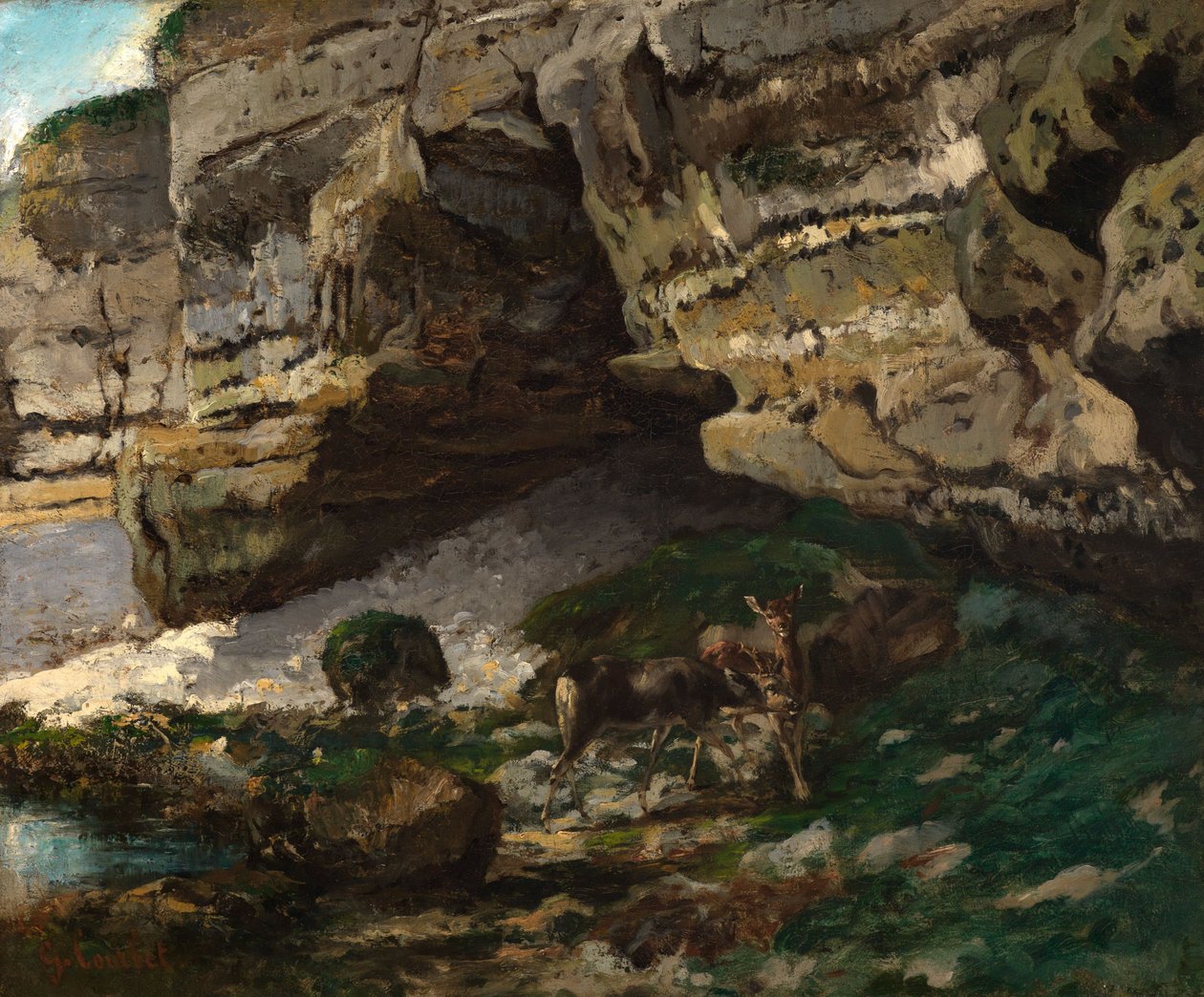 Rotsachtig landschap met reeën door Gustave Courbet