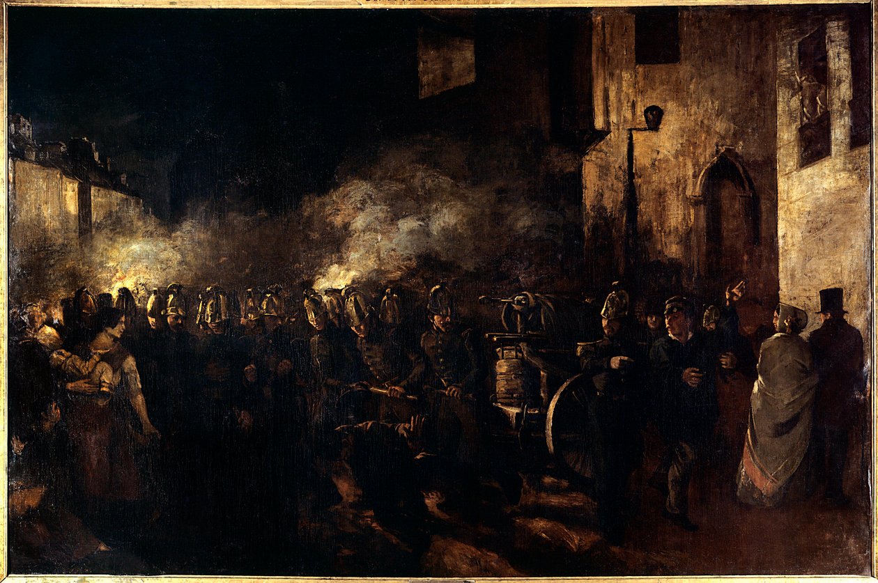 Brandweerlieden die een brand bestrijden. Schilderij door Gustave Courbet (1819-1877) 1850 door Gustave Courbet