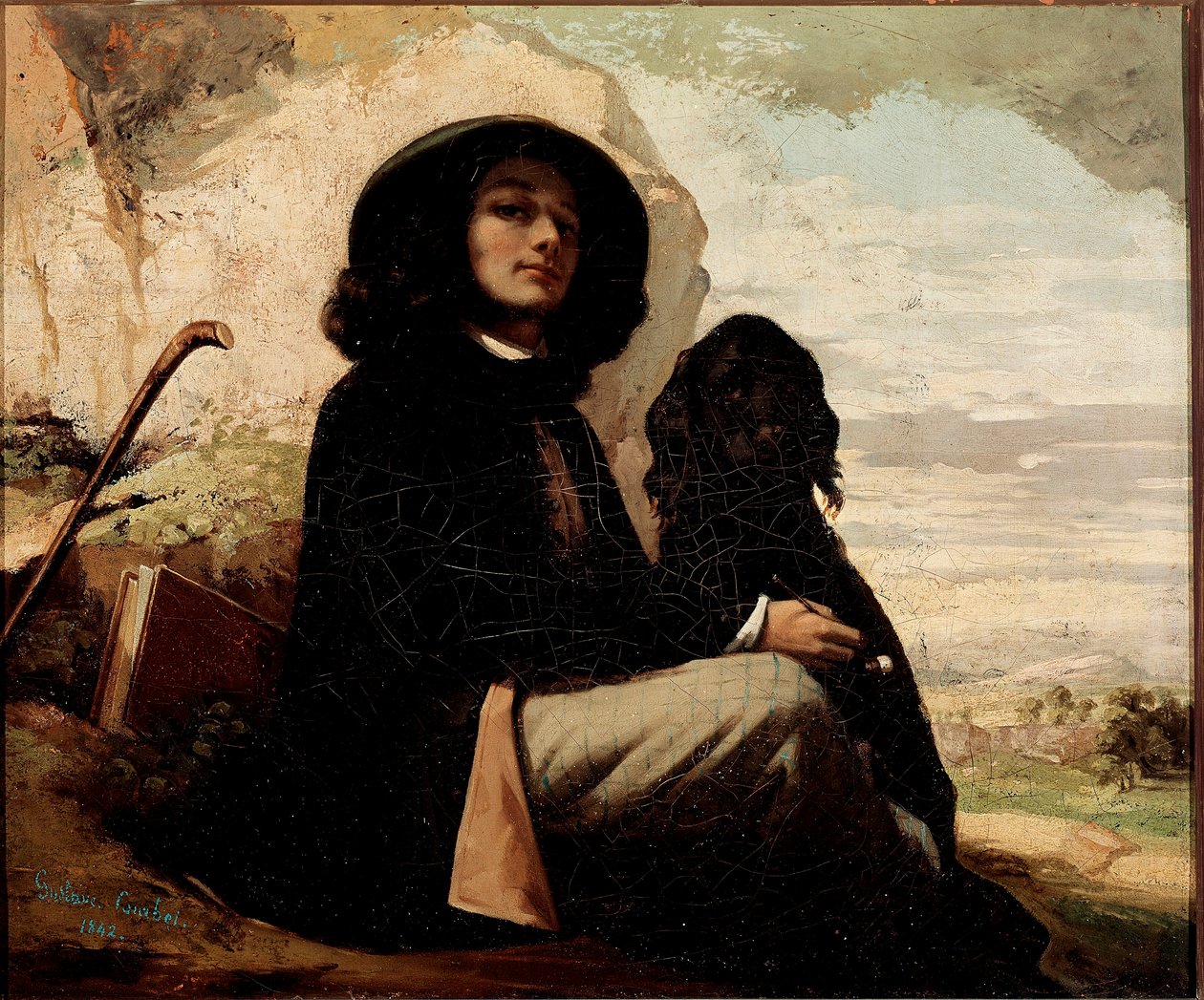 Zelfportret met zwarte hond door Gustave Courbet (1819-1877) 1842 door Gustave Courbet