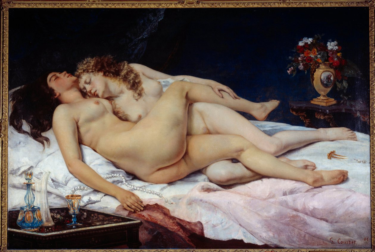 Slaap. Twee naakte vrouwen omhelsd in een bed door Gustave Courbet