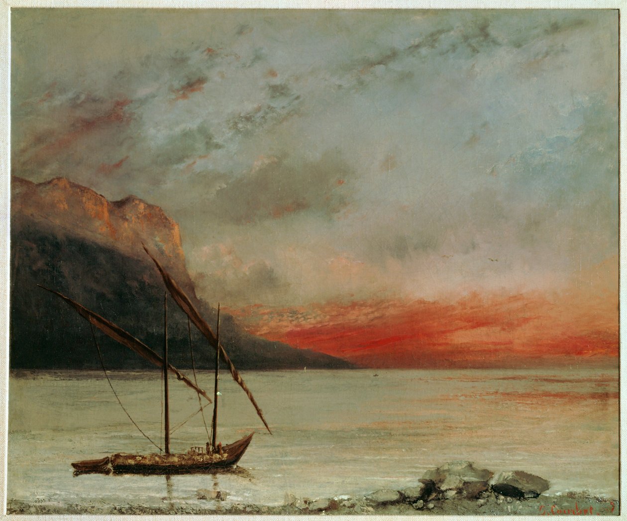 Zonsondergang aan het Meer van Genève (schilderij op doek) door Gustave Courbet