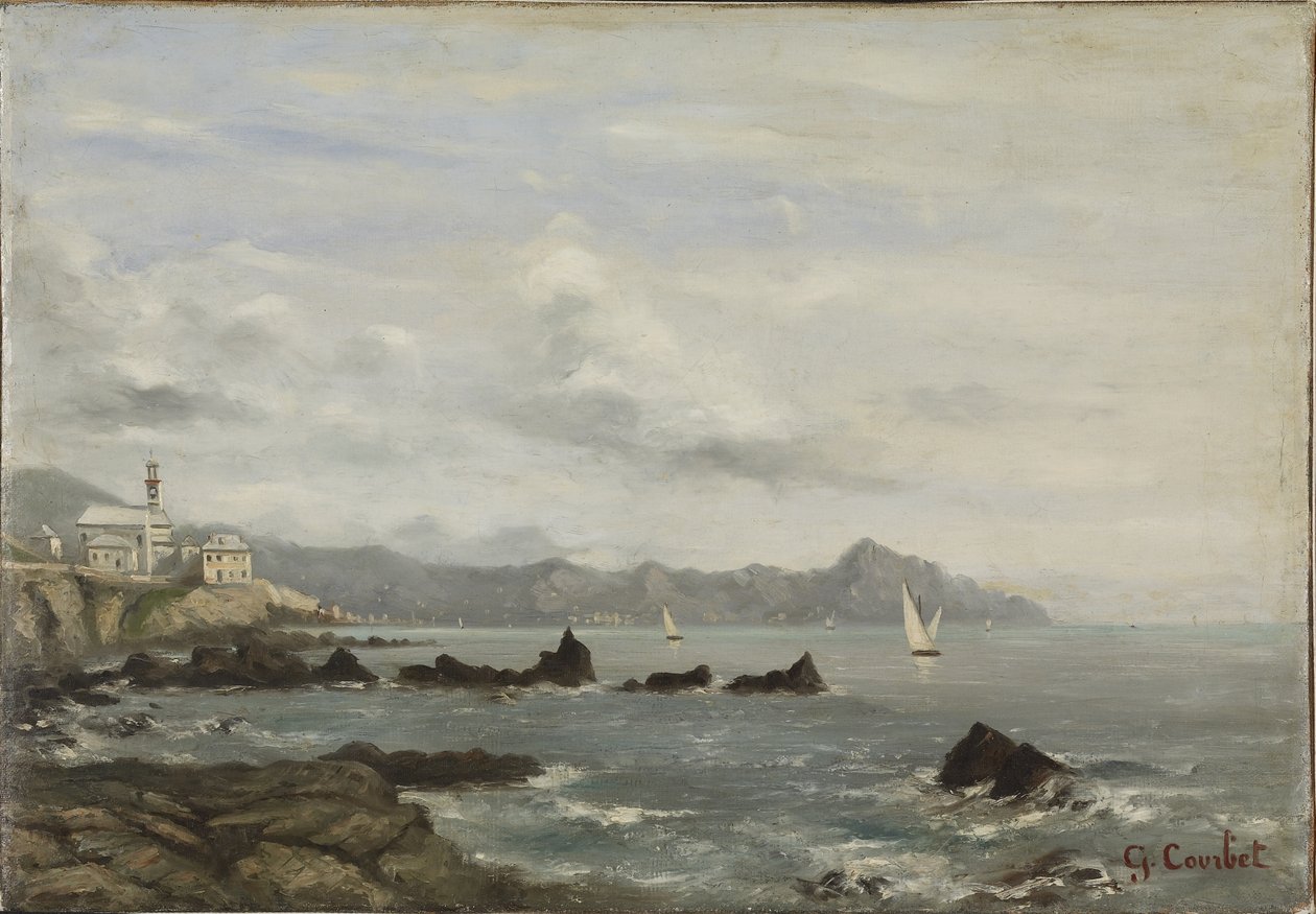 Gezicht op de kerk van Boccadasse in Genua en de landtong van Portofino door Gustave Courbet