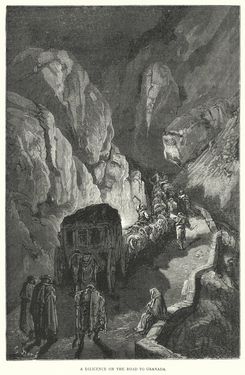 Een diligence op de weg naar Granada (gravure) door Gustave Dore