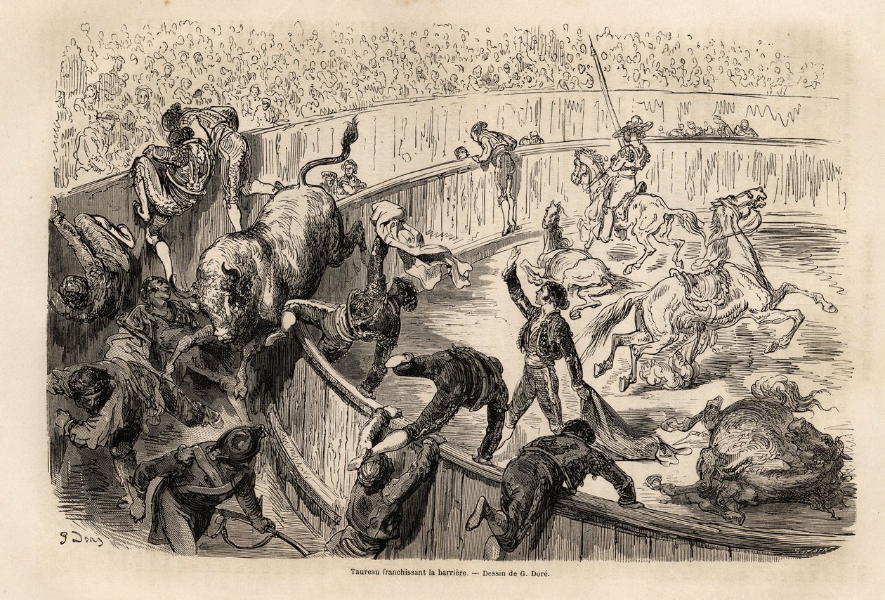 Een stier die de barrière oversteekt tijdens een stierengevecht in Valencia door Gustave Dore