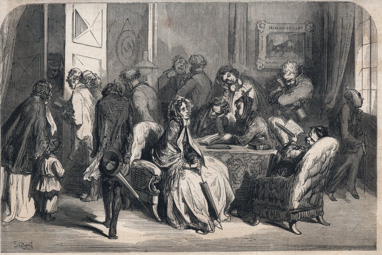 Een wachtkamer van een tandarts. Tekening door Gustave Dore (1832-1883). Gravure in 
