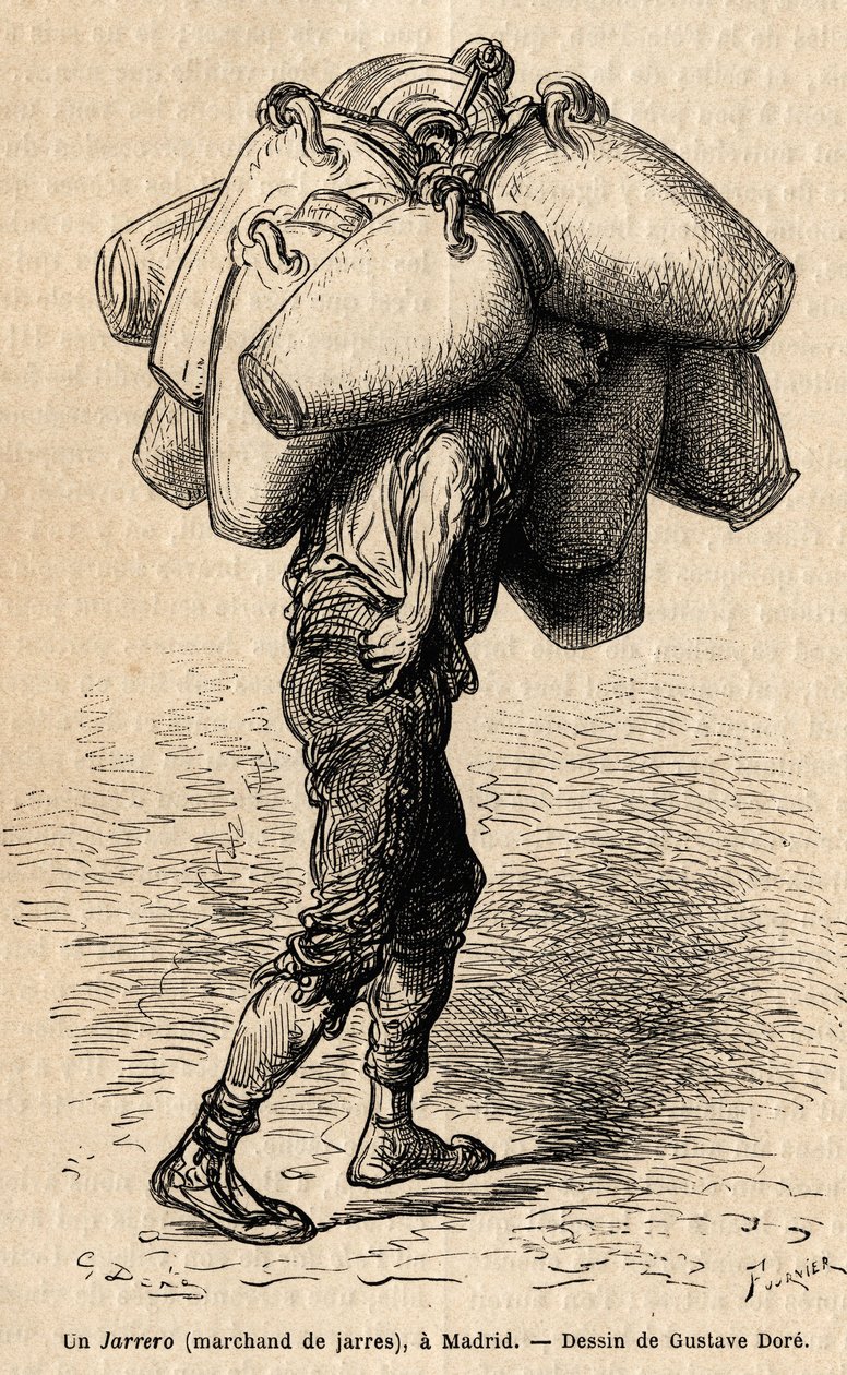 Een pottenkoopman, schets levendig genomen in Madrid. Gravure door Gustave Dore (1832-1883) ter illustratie van zijn reis naar Spanje, met Ch. Davillier (redacteur), in 1862, gepubliceerd in Le tour du monde, 1869, onder redactie van Edouard Charton, Hache door Gustave Dore