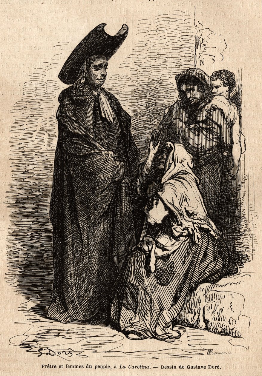 Een priester en een vrouw uit het volk, gekleed in vodden; de professionele Spaanse bedelaars gevestigd op de binnenplaatsen van de kerken om de christelijke liefdadigheid vaardig te exploiteren. Schets live genomen door Gustave Dore (1832-1883). Gravure t door Gustave Dore