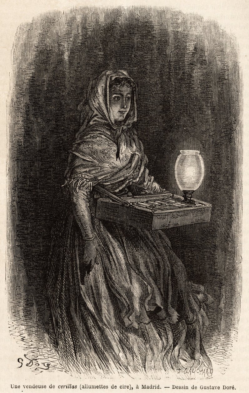 Een verkoopster van waslucifers, schets naar het leven in de Puerta del Sol, in Madrid. Gravure door Gustave Dore (1832-1883) ter illustratie van zijn reis naar Spanje, met Ch. Davillier (redacteur), in 1862, gepubliceerd in 