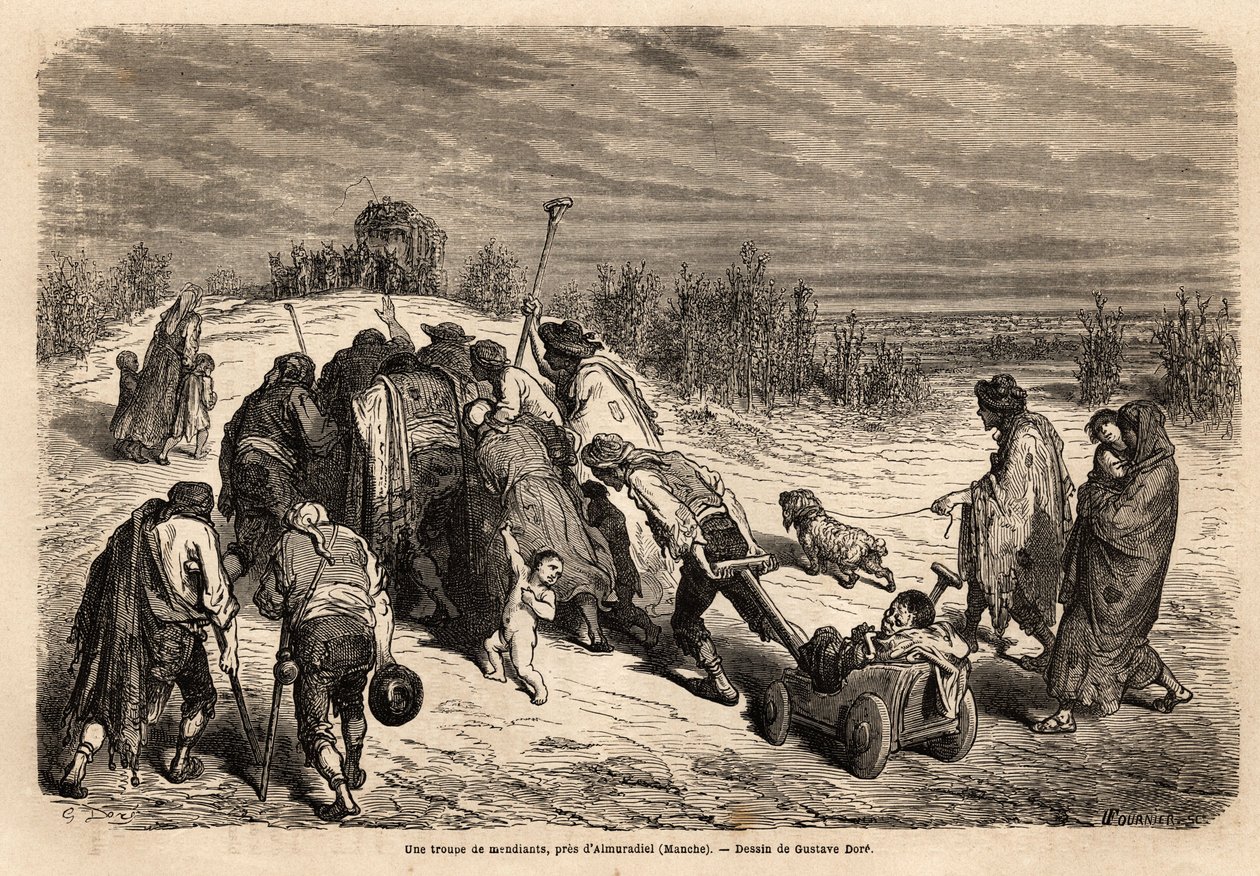 Een groep bedelaars en zieken, een ware hof van wonderen, op weg naar een diligence om aalmoezen te vragen door Gustave Dore