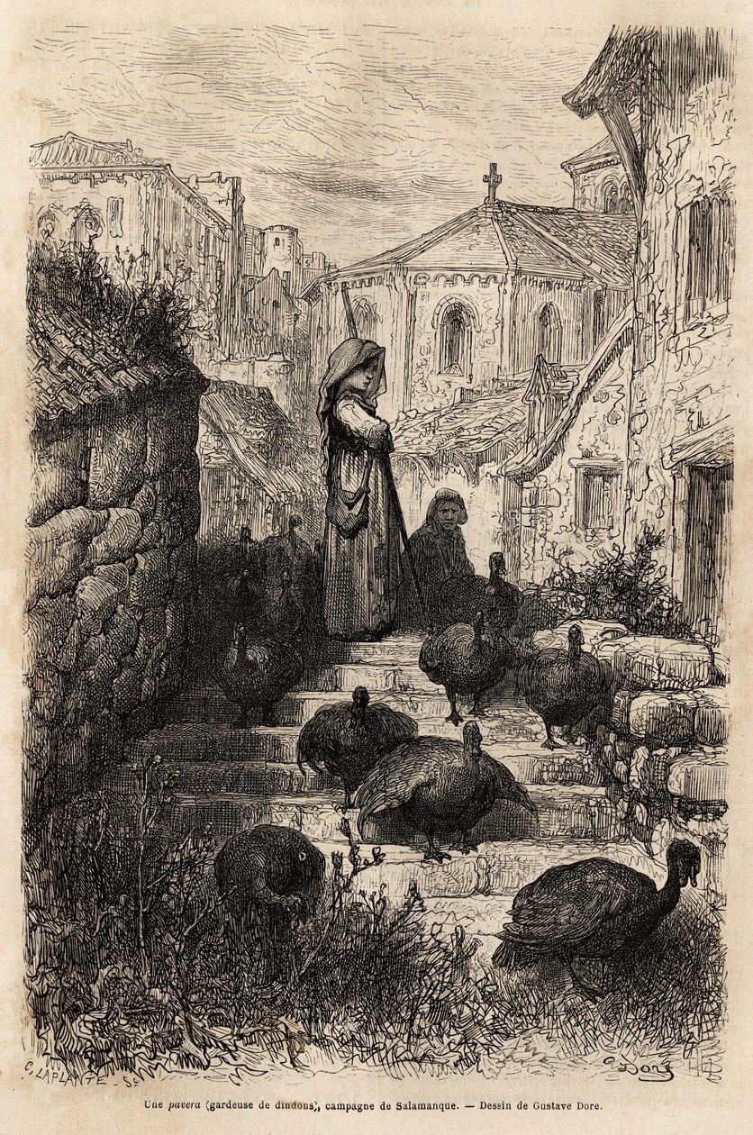 Een kalkoenenhoeder, in de straten van een dorp op het platteland van Salamanca. Tekening door Gustave Doré (1832-1883). Gravure ter illustratie van de reis in Spanje, door Charles Davillier, in 1862, gepubliceerd in 