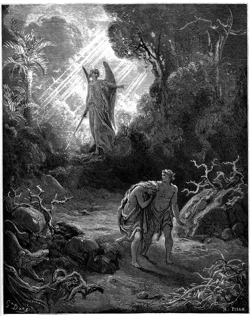 Adam en Eva worden uit het paradijs verdreven - Illustratie door Gustave Doré voor de Bijbel door Gustave Dore