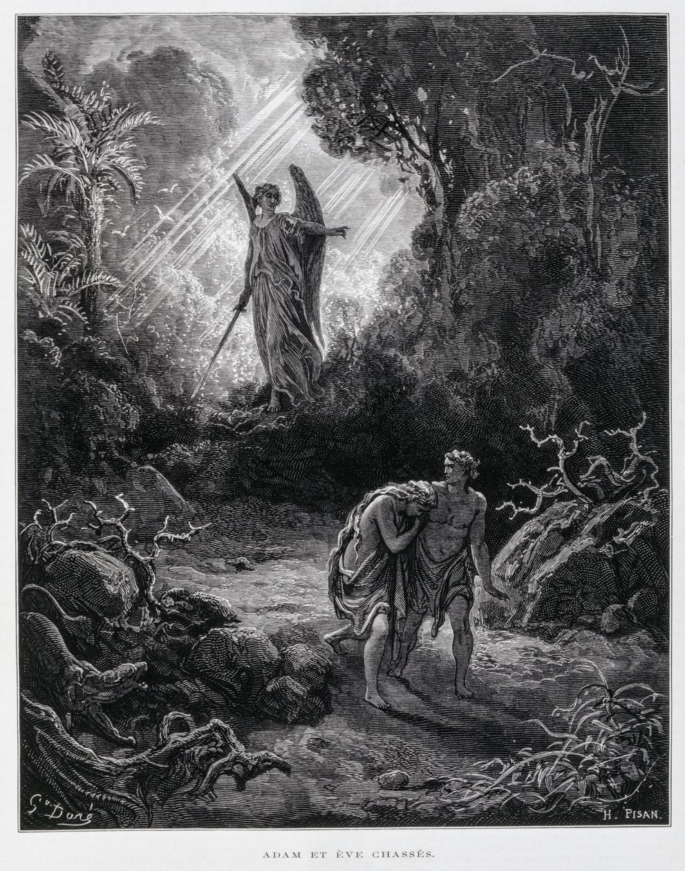 Adam en Eva verdreven uit de Hof van Eden door een engel, Illustratie uit de Dore Bijbel door Gustave Dore