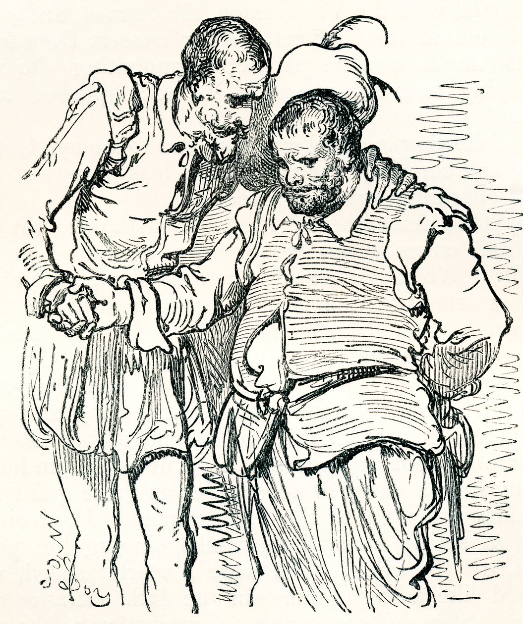 Na een originele tekening van Gustave Dore van Don Quichot en Sancho Panza uit Leven en Herinneringen van Gustave Dore, gepubliceerd 1885 door Gustave Dore