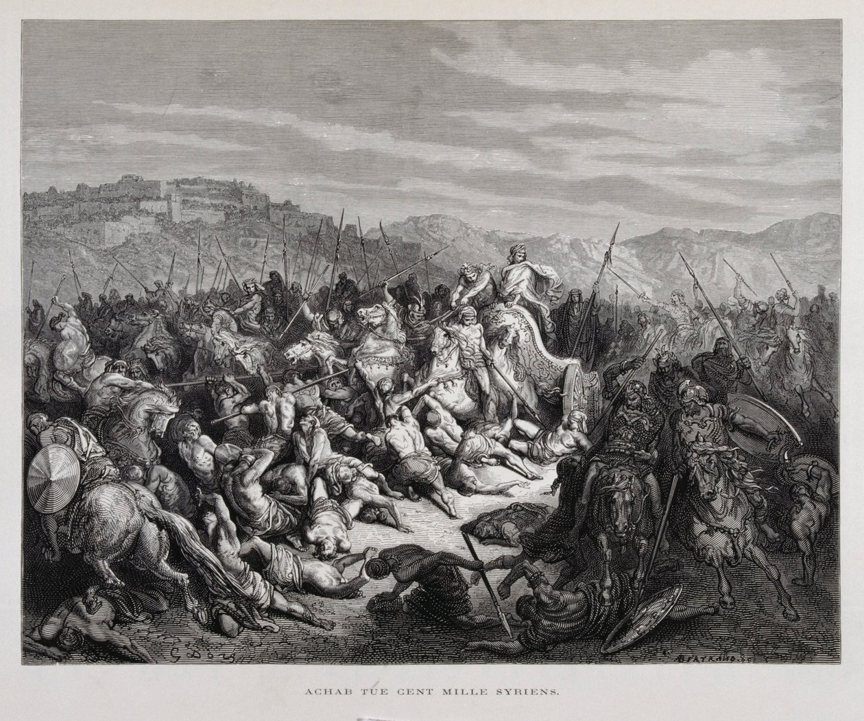 Achab vecht tegen de Assyriërs in de Slag bij Qarqar, Illustratie uit de Dore Bijbel door Gustave Dore
