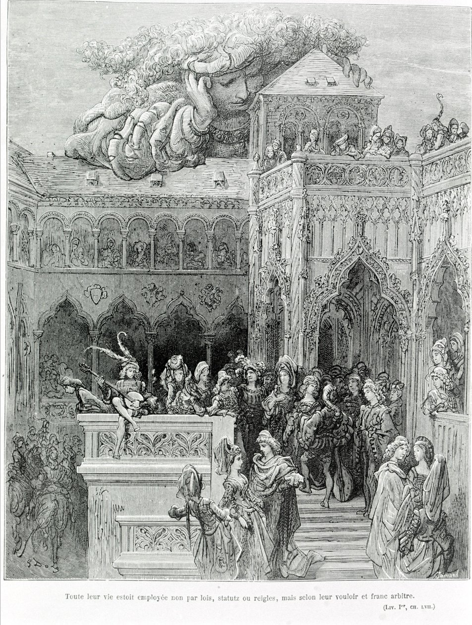 Hun hele leven werd niet geleid door wetten, statuten of regels, maar volgens hun wil en vrije wil, naar Gargantua (1534) door François Rabelais (1483 - 1553). Gegraveerd door Gustave Doré (1832-1883). door Gustave Dore