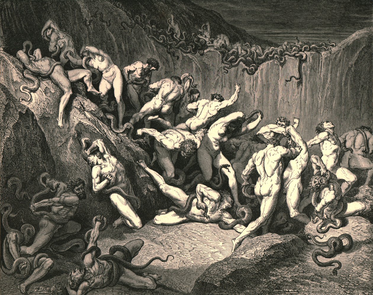 Te midden van deze angstaanjagende overvloed van ellende renden naakte geesten gevleugeld met afschuwelijke angst, ca. 1890 door Gustave Dore