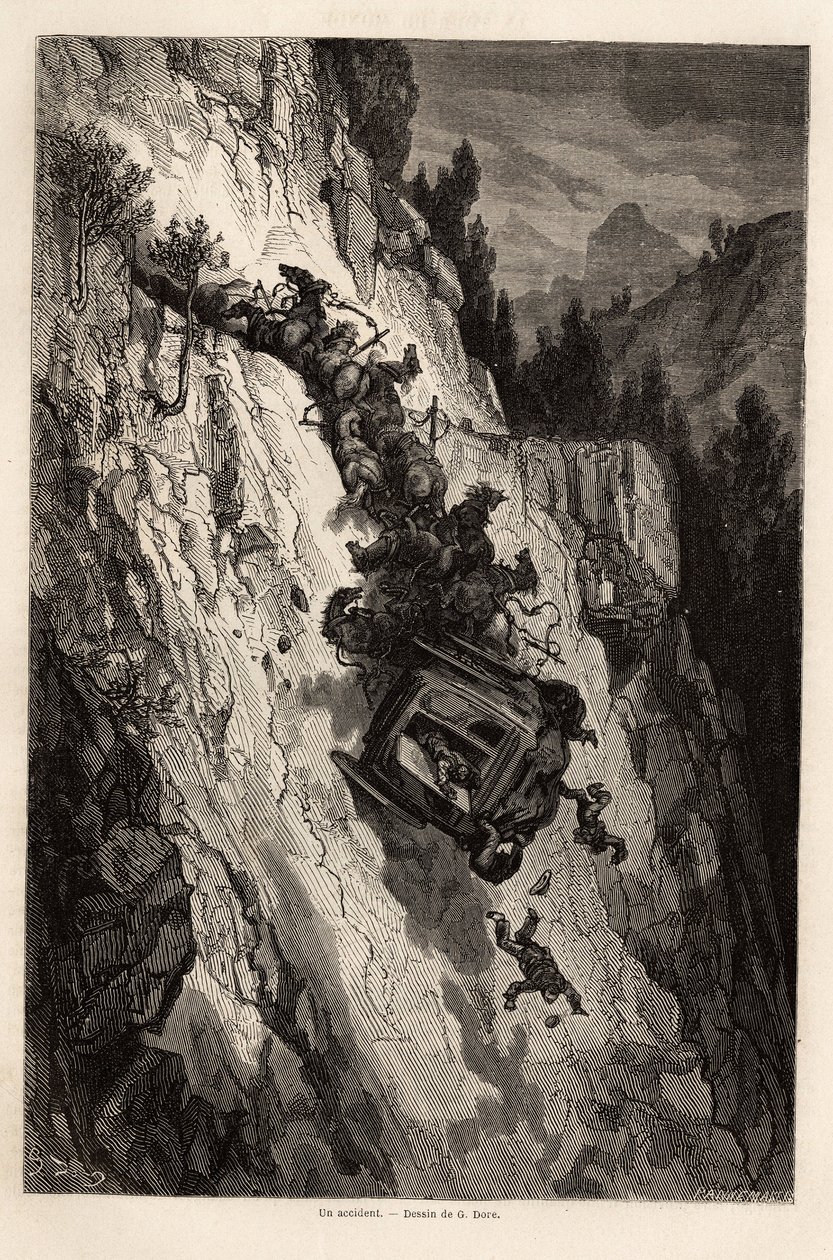 Een ongeluk met een diligence. Illustratie van Gustave Dore