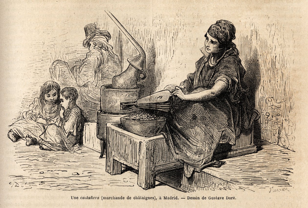 Een kastanjehandelaar in de open lucht, met haar draagbare oven, schets op de levendige in de Puerta del Sol, in Madrid. Gravure door Gustave Doré (1832-1883) ter illustratie van zijn reis naar Spanje, met Ch. Davillier (redacteur), in 1862, gepubliceerd i door Gustave Dore