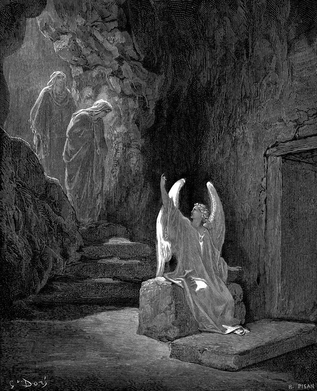 Engel toont Maria Magdalena en de andere Maria het lege graf van Christus door Gustave Dore