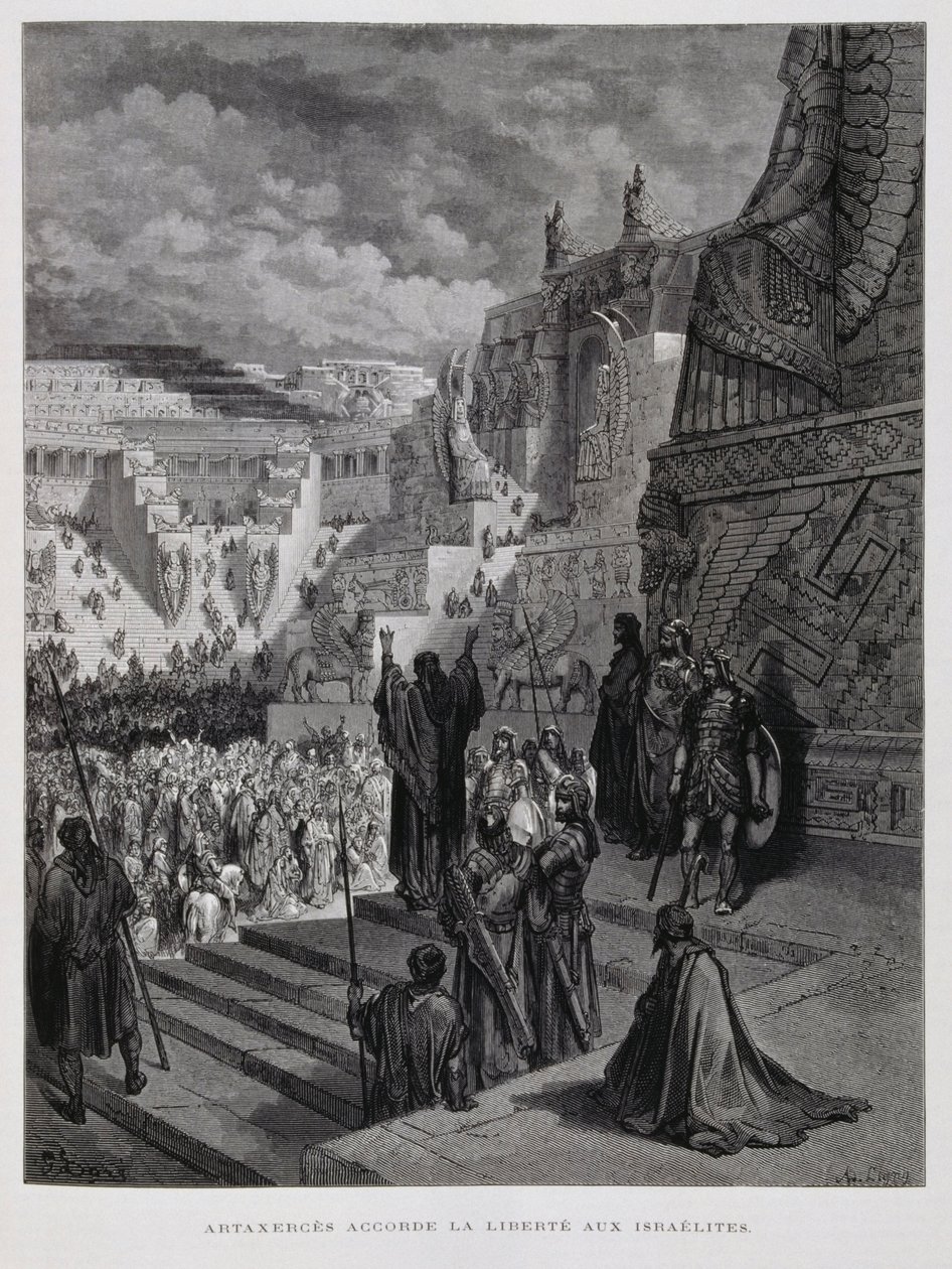 Artaxerxes verleent vrijheid aan de Joden in Perzië, Illustratie uit de Dore Bijbel door Gustave Dore