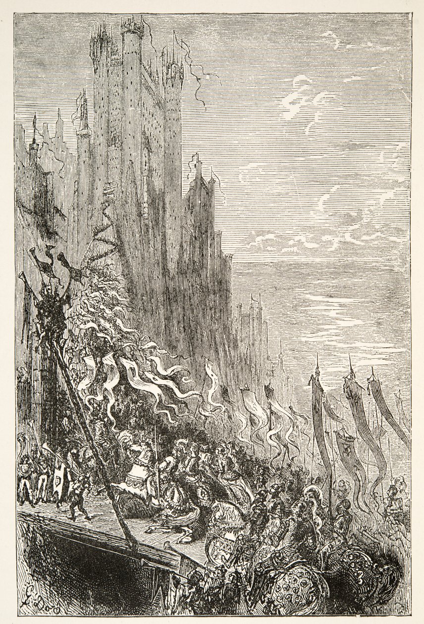 In de Stad van de Gravin van de Fontein, uit Verhalen van de Dagen van Koning Arthur door Charles Henry Hanson, pub.1898 door Gustave Dore