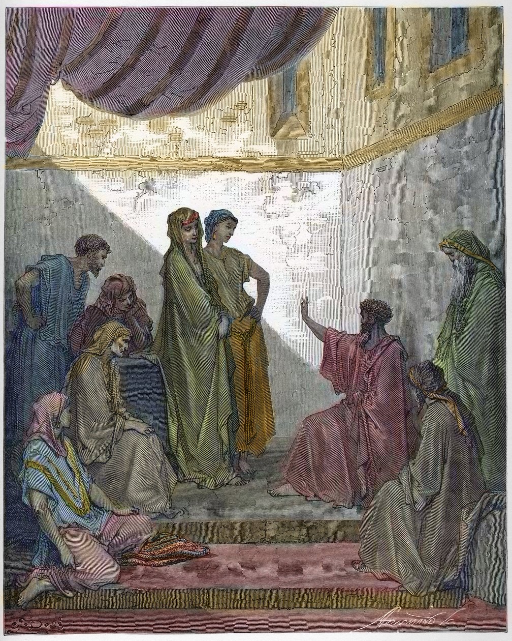 Doop van Cornelius de Centurio - Cornelius de Centurio ontvangt het geloof van Jezus Christus en wordt gedoopt door St. Peter. - Gravure in 
