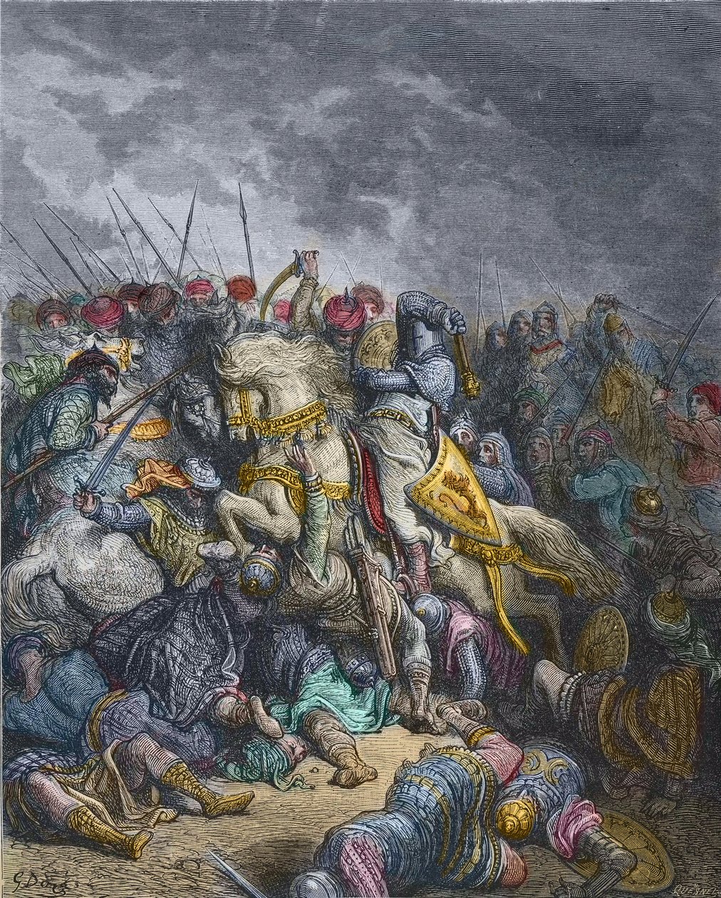 Slag bij Arsur - Richard I Leeuwenhart, koning van Engeland die deelnam aan de 3e Kruistocht - Richard Leeuwenhart in de Slag bij Arsuf, Derde Kruistocht, gravure door Gustave Dore - uit Geschiedenis van de Kruistochten door Joseph-Francois Michaud door Gustave Dore