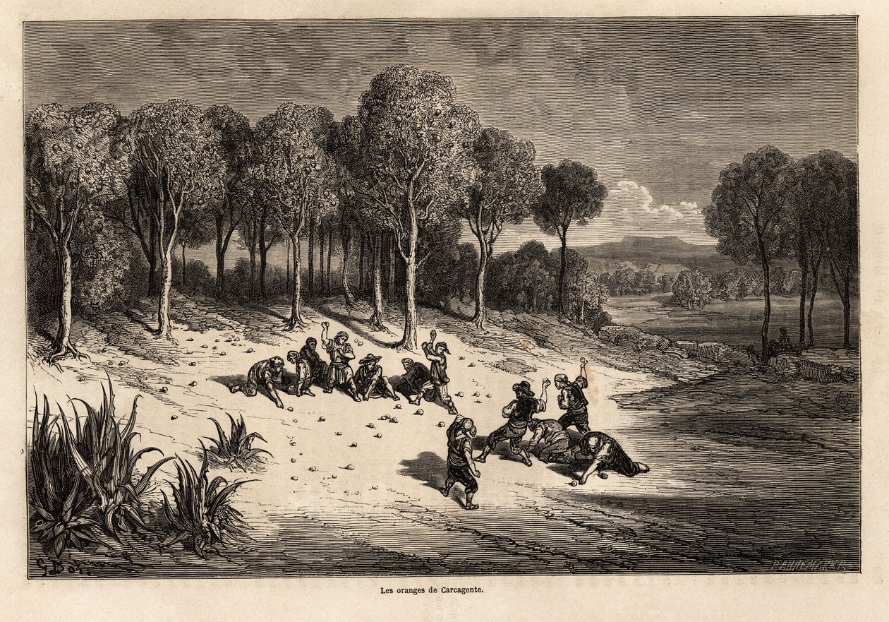 Slag van de sinaasappels door Carcagente, tekening door Gustave Dore, ter illustratie van zijn reis naar Spanje met C.Davillier, in 1862. Gravure in 