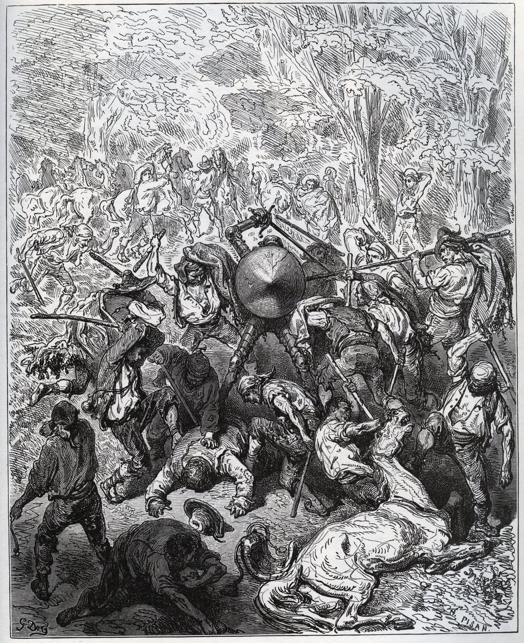 Gevecht met muilezeldrijvers - De Yangois gebruikten hun knuppels - uit "Don Quichot de la Mancha" door Miguel Cervantes (1547-1616) - Houtsnede naar tekening van Gustave Dore door Gustave Dore