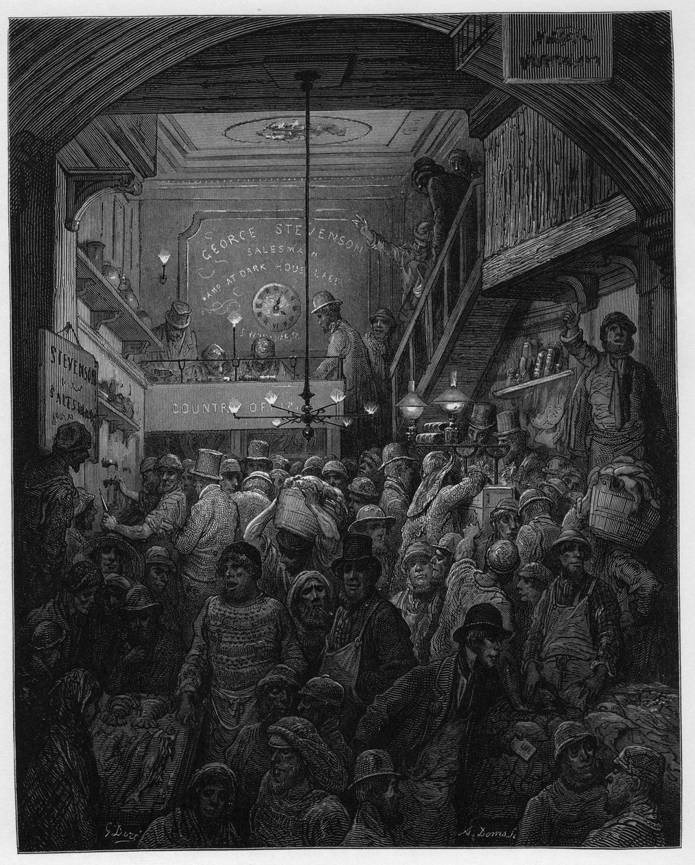 Billingsgate - Verkoop van vis op de veiling. Illustratie voor Londen door Louis Enault geïllustreerd door Gustave Dore door Gustave Dore