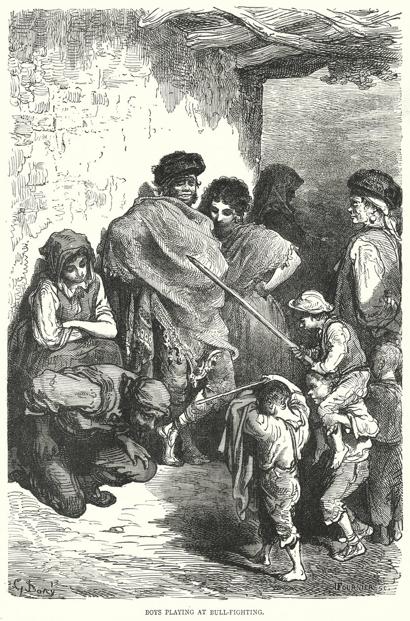 Jongens spelen bij stierengevecht (gravure) door Gustave Dore