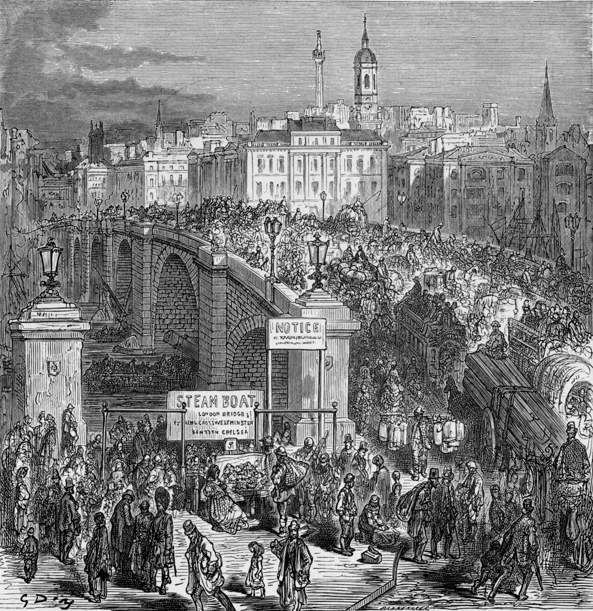 Drukke scène op London Bridge, 1872 door Gustave Dore