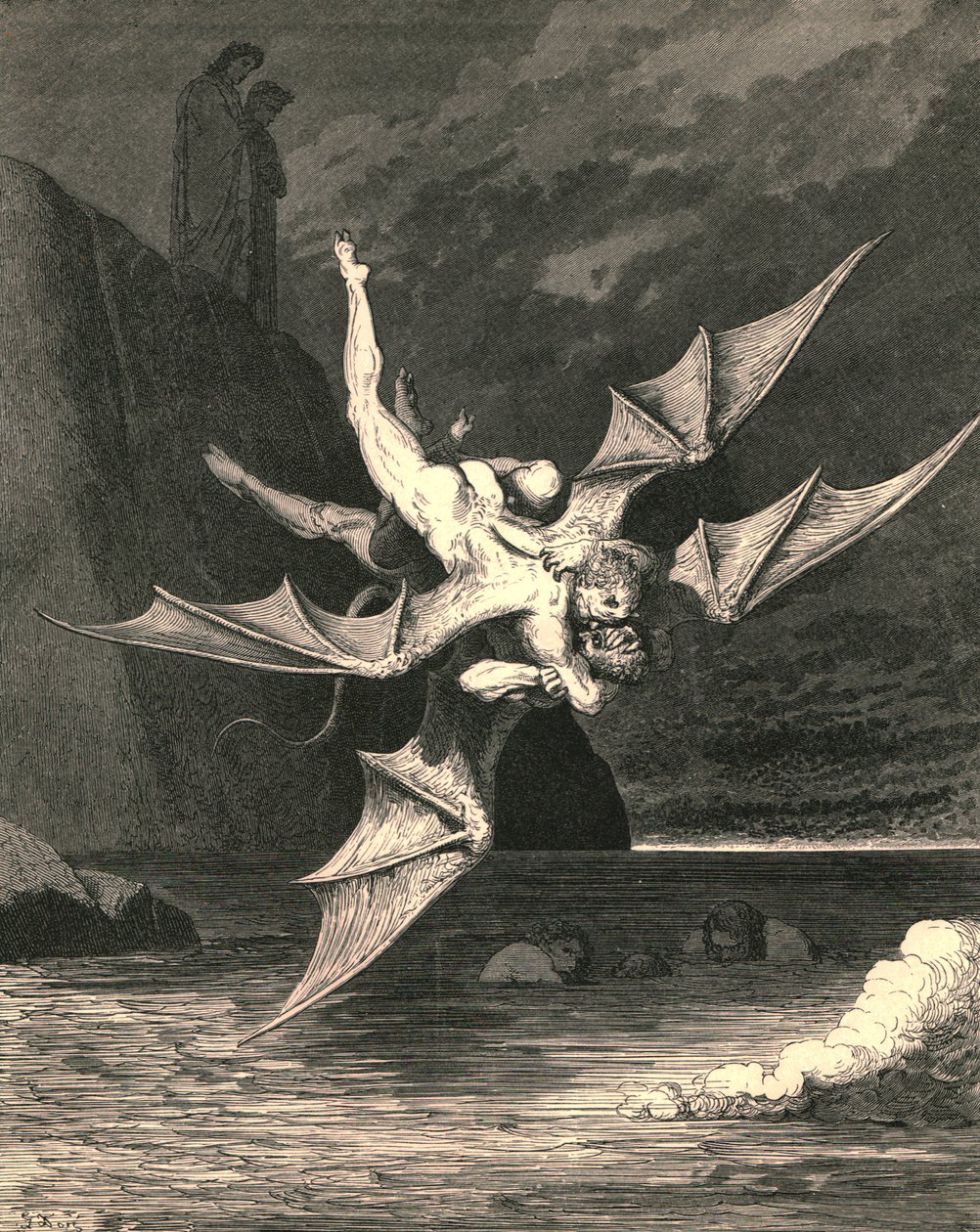 Maar de andere bleek een havik te zijn...en in het kokende meer vielen beiden, c1890 door Gustave Dore
