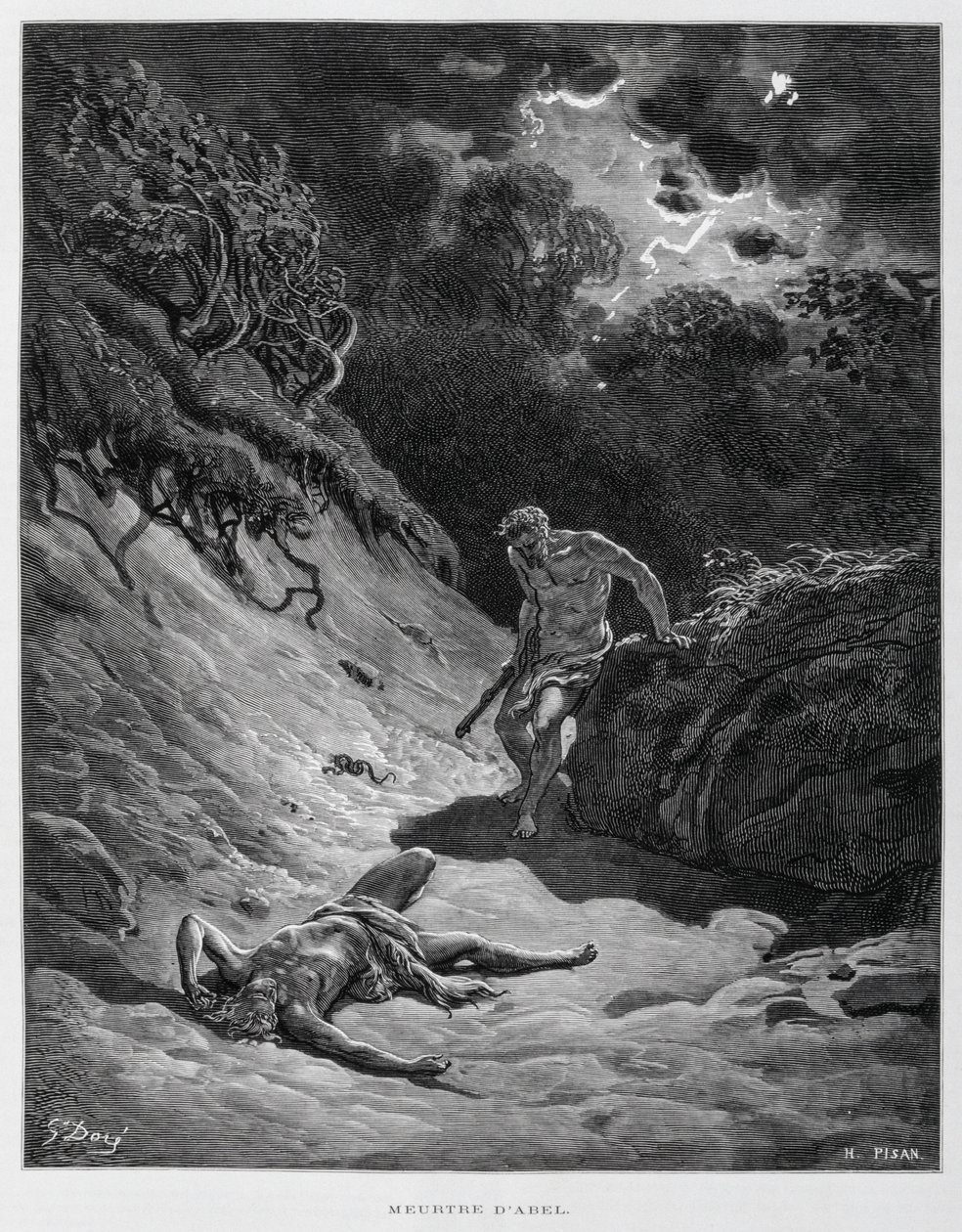 Kaïn doodt zijn broer Abel, Illustratie uit de Dore Bijbel door Gustave Dore