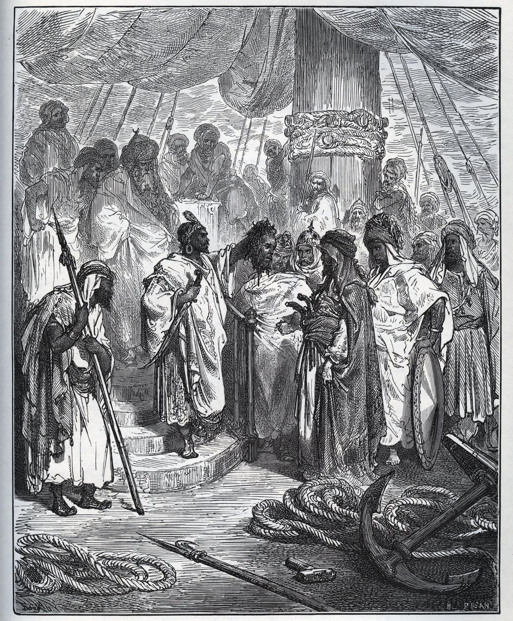 Verhaal van de gevangene. Het hoofd van Pagano Doria afgesneden door de Arabieren - De Arabieren sneden zijn hoofd af en brachten het naar de generaal van de Turkse vloot - uit "Don Quichot de la Mancha" door Miguel Cervantes (1547-1616) - Houtsnede naar t door Gustave Dore