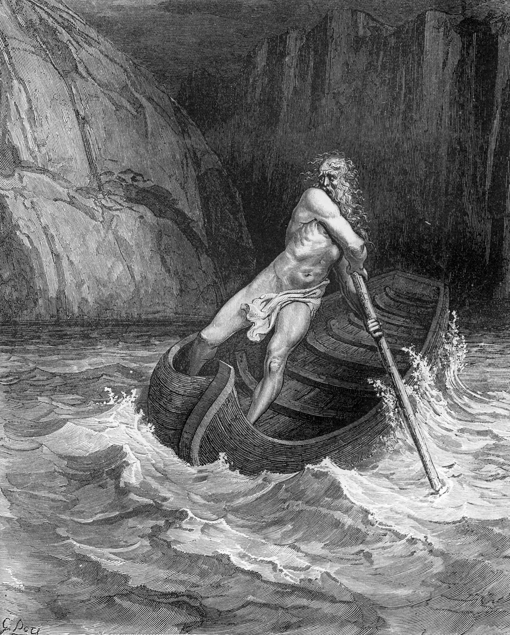 Charon, de Veerman van de Hel, uit De Goddelijke Komedie (Inferno) door Dante Alighieri (1265-1321) gegraveerd door Stephane Pannemaker (1847-1930) c.1868 door Gustave Dore