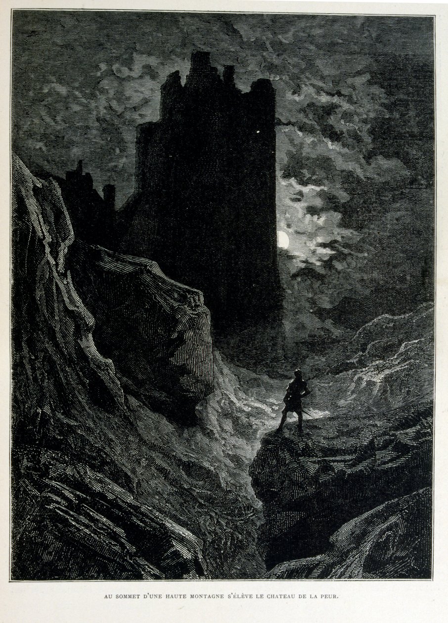 Croque-Mitaine; illustratie uit 1863, door Gustave Doré (1832-1883); Franse kunstenaar, graveur, illustrator. Croque-Mitaine (De boeman) een kwaadaardig personage gepresenteerd aan kinderen om hen bang te maken en zo wijzer te maken. door Gustave Dore
