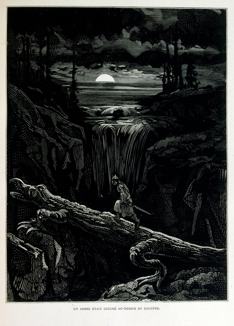 Croque-Mitaine; 1863 illustratie, door Gustave Dore (1832-1883); Franse kunstenaar, graveur, illustrator. Croque-Mitaine (De boeman) een kwaadaardig personage gepresenteerd aan kinderen om hen bang te maken en zo wijzer te maken. door Gustave Dore