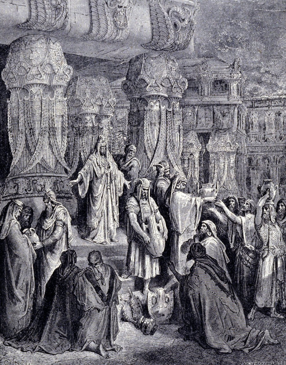 Cyrus II de Grote (580 v.Chr. - 530 v.Chr.) bevrijdde de gevangengenomen volkeren bij zijn aankomst in Babylon in 539 v.Chr. en gaf de Joodse mensen de heilige vaten terug die als buit waren meegenomen uit de tempel van Jeruzalem. Gravure door Gustave Doré door Gustave Dore