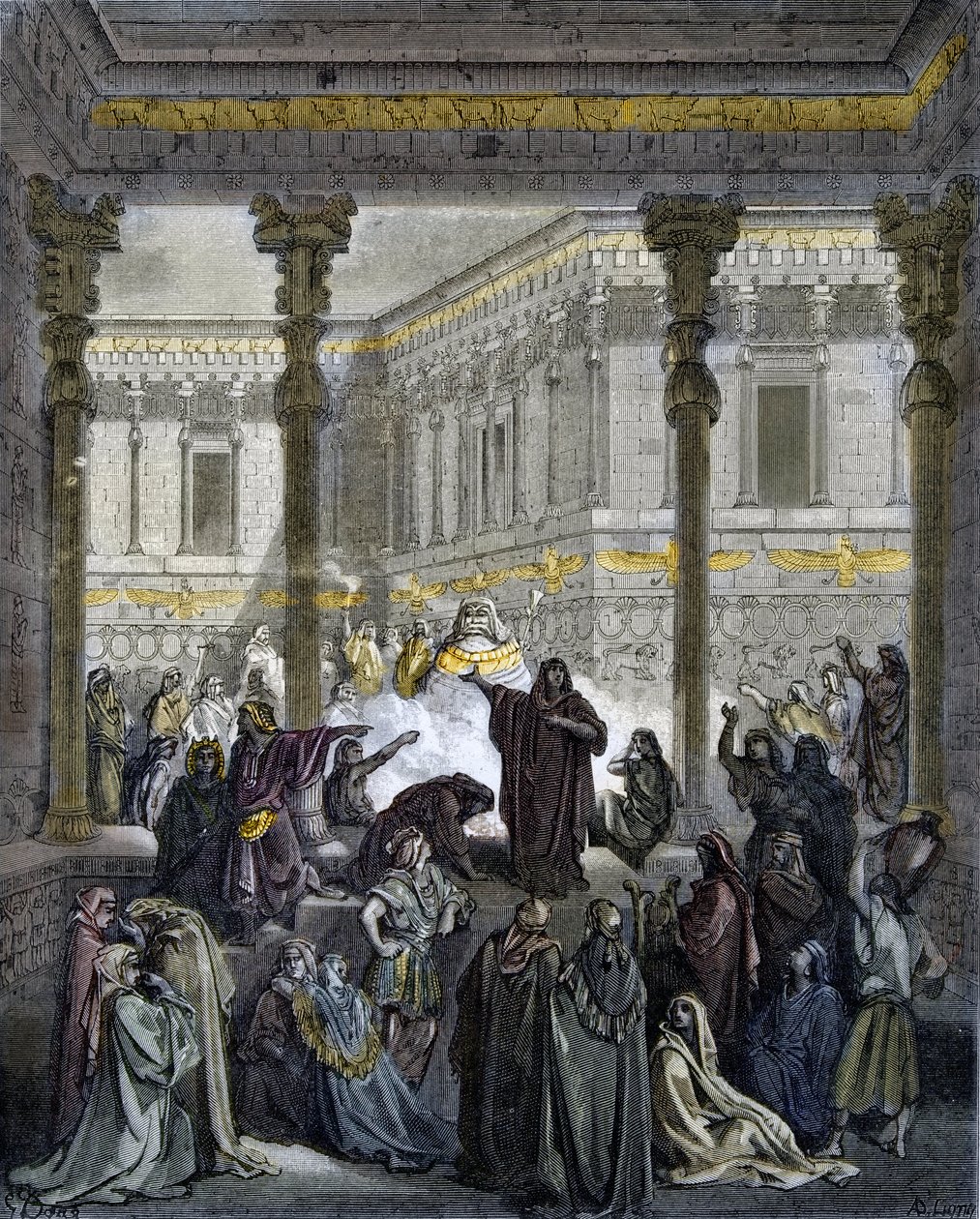Daniël die de priesters van Baäl verwart - gravure in 