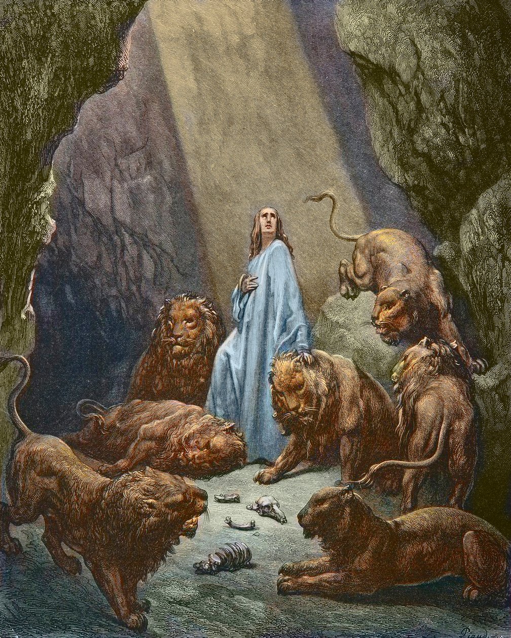 Daniel wordt in de leeuwenkuil gegooid - Daniel in de leeuwenkuil - gravure door Gustave Doré - later ingekleurd door Gustave Dore
