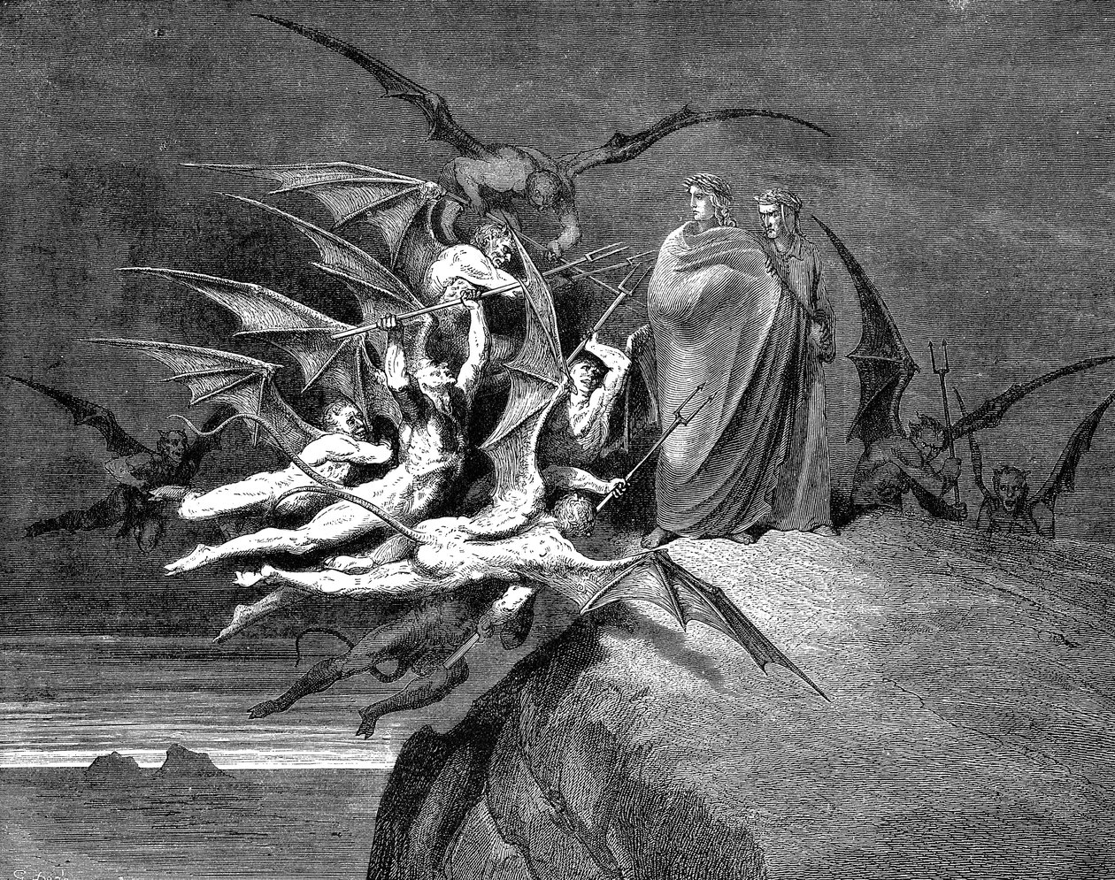 Dante en Vergilius belaagd door demonen tijdens hun passage door de achtste cirkel door Gustave Dore