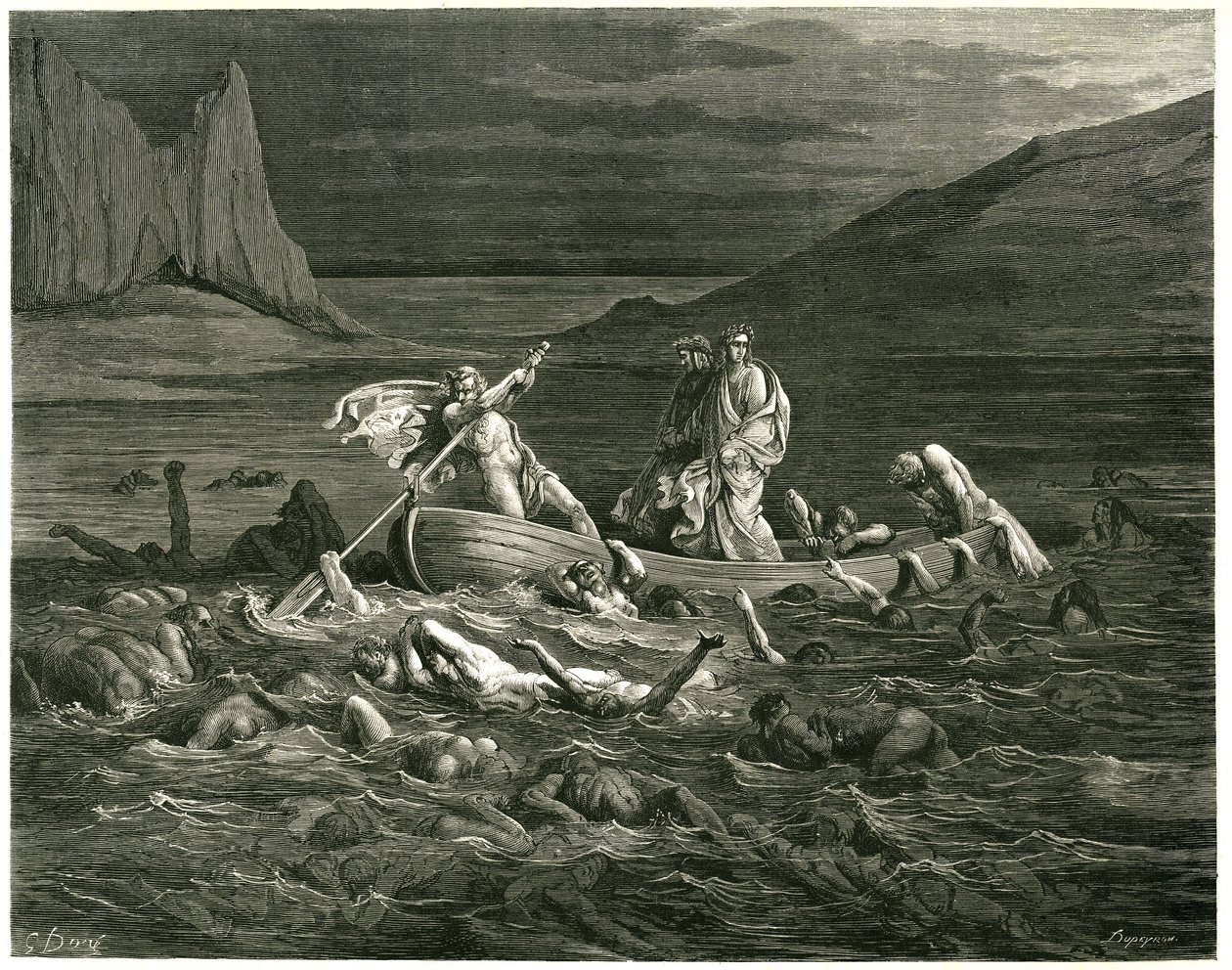 Dante en Virgil zeilen, geleid door de Nocher Phlegyas, op de Styx waarin verdoemden waden, die proberen in de boot te klimmen. Gravure uit De Hel door Dante Alighieri (de Goddelijke Komedie) geïllustreerd door Gustave Dore. Franse editie van 1861. door Gustave Dore