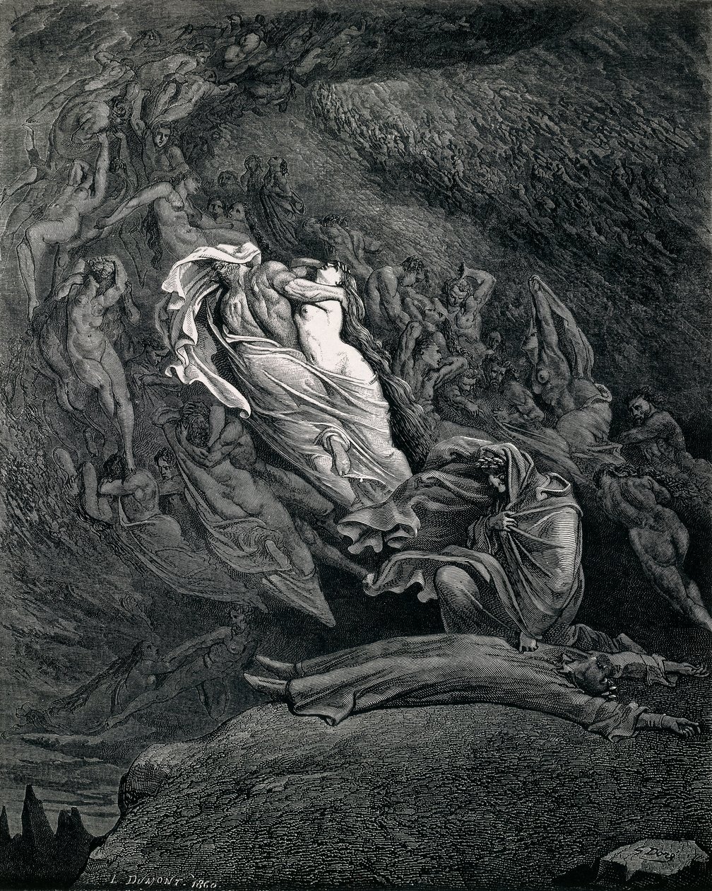 Dante en Virgil met Paolo en Francesca, Illustratie bij Inferno, Canto V van de Goddelijke Komedie, door Dante Alighieri, door Gustave Doré door Gustave Dore