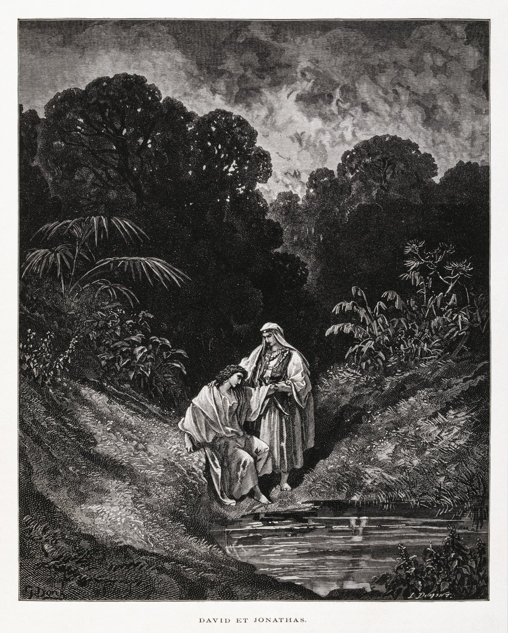 David en Jonathan, heldenfiguren van het Koninkrijk Israël, die een vriendschapsverbond sloten zoals opgetekend in de boeken van Samuel, Illustratie uit de Dore Bijbel door Gustave Dore