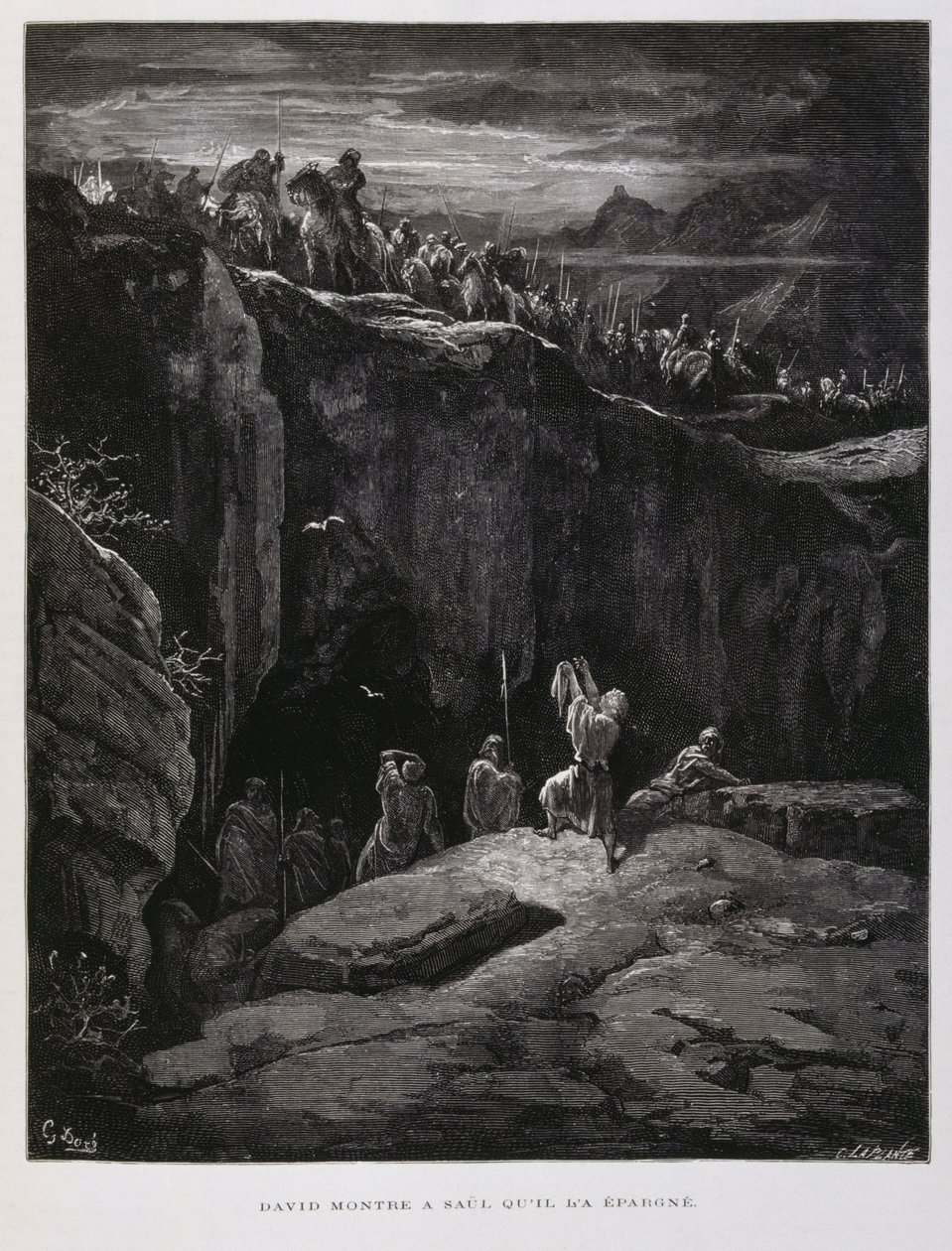 David biedt zijn zwaard aan in loyaliteit aan Saul, koning van Israël, Illustratie uit de Dore Bijbel door Gustave Dore