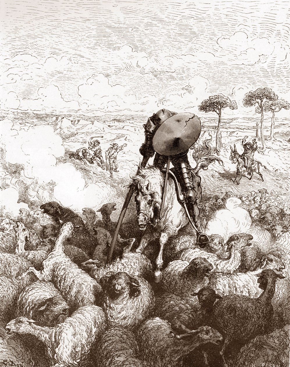 Don Quichot valt de kudde schapen aan. Gravure door Gustave Doré voor 